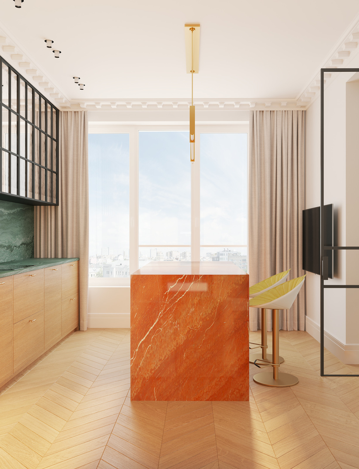 Дубовый паркет "французская ёлка" и барные стулья Fasem в интерьере дизайнера Екатерины Фёдоровой