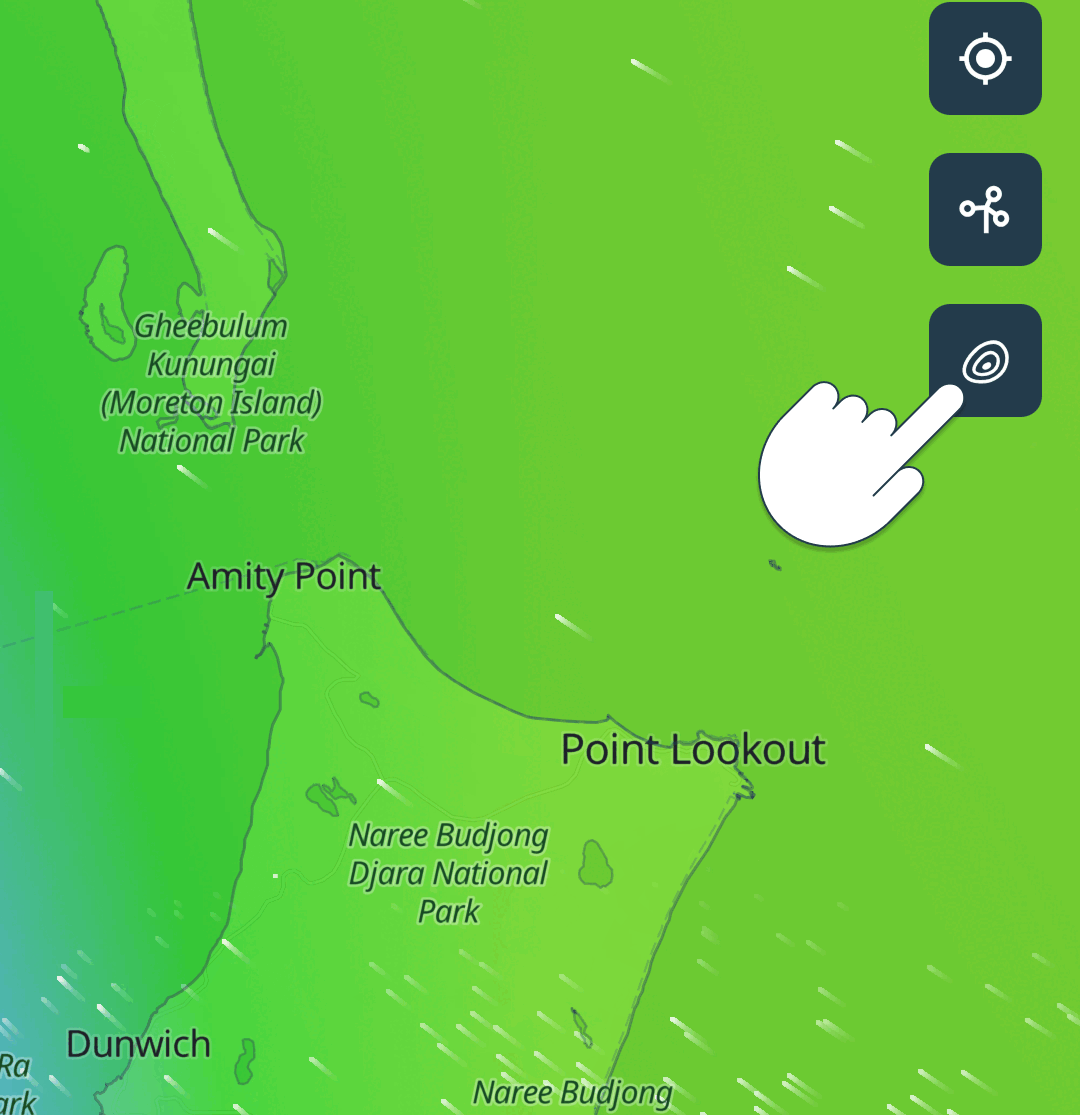 Depth maps on Windy.app: the map, the depth icon, tapping it, and the depth layer turning on