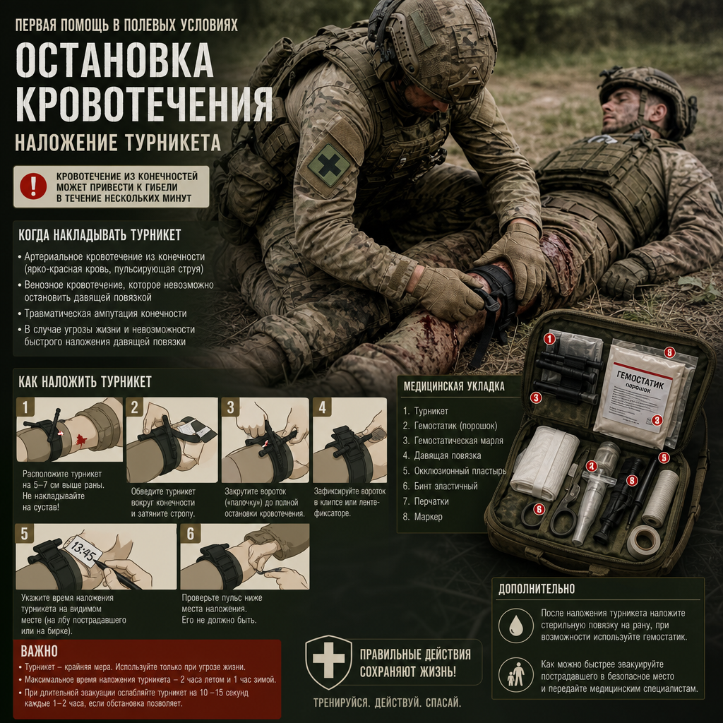 военный санитар в полевых условиях оказывает первую помощь раненому бойцу — накладывает турникет на конечность, рядом лежит медицинская укладка с гемостатиками и перевязочными материалами