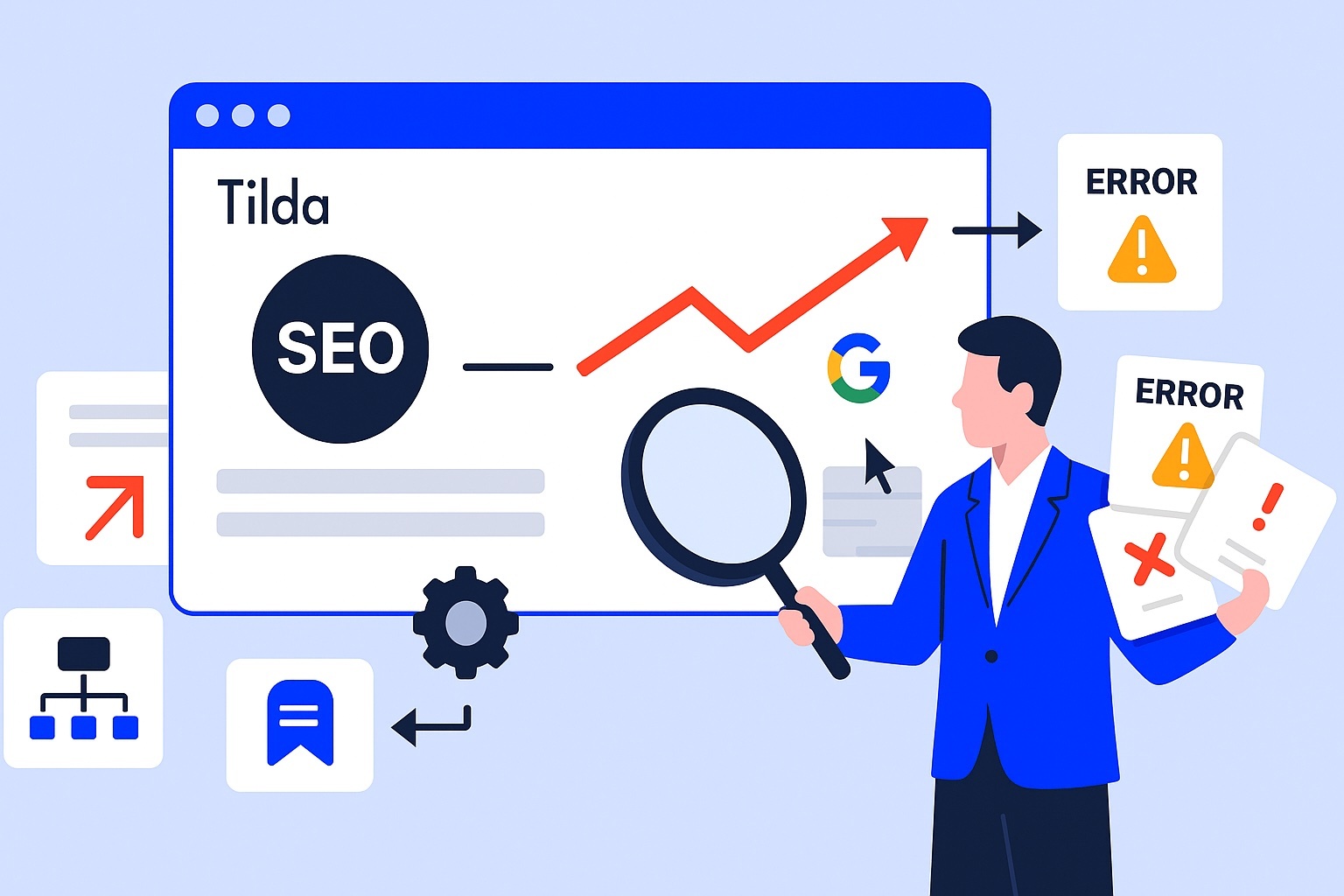 Специалист маркетингового агентства Метриум рассматривает алгоритмы работы SEO сайта на Tilda