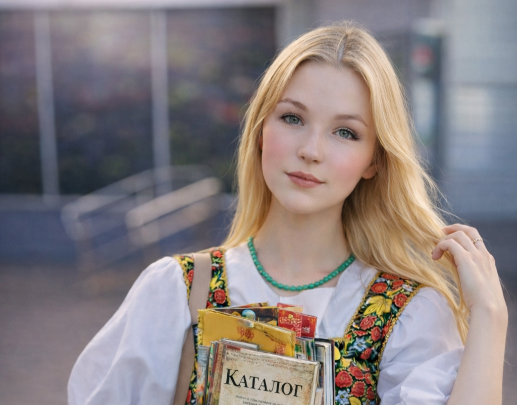 Промо-модель в народном костюме позирует на камеру