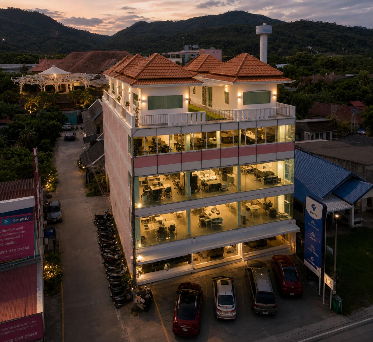 Place Coworking building for office rent in Chalong, Phuket at dusk