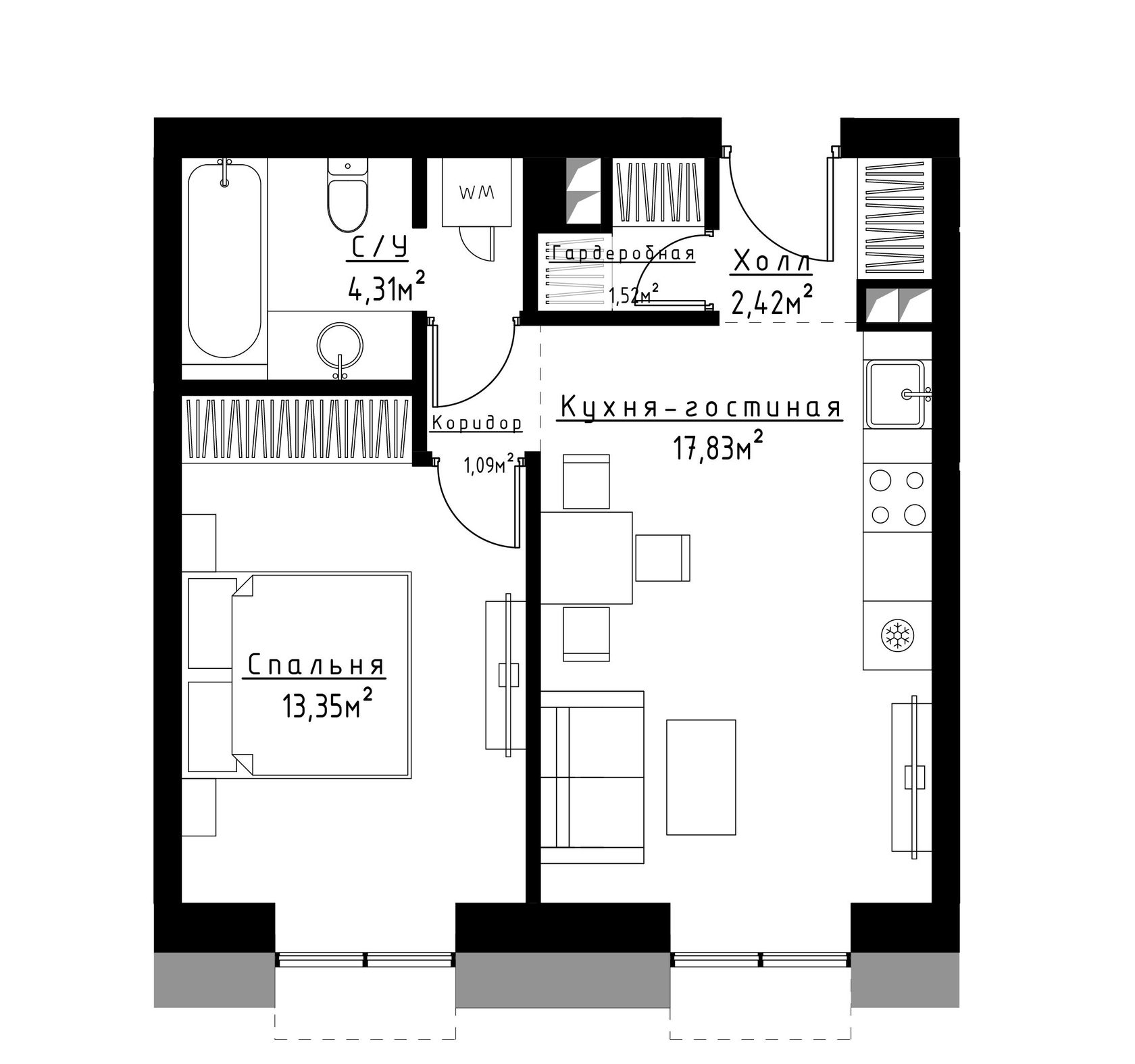 Планировка 1-комнатной квартиры в ЖК Метрополия