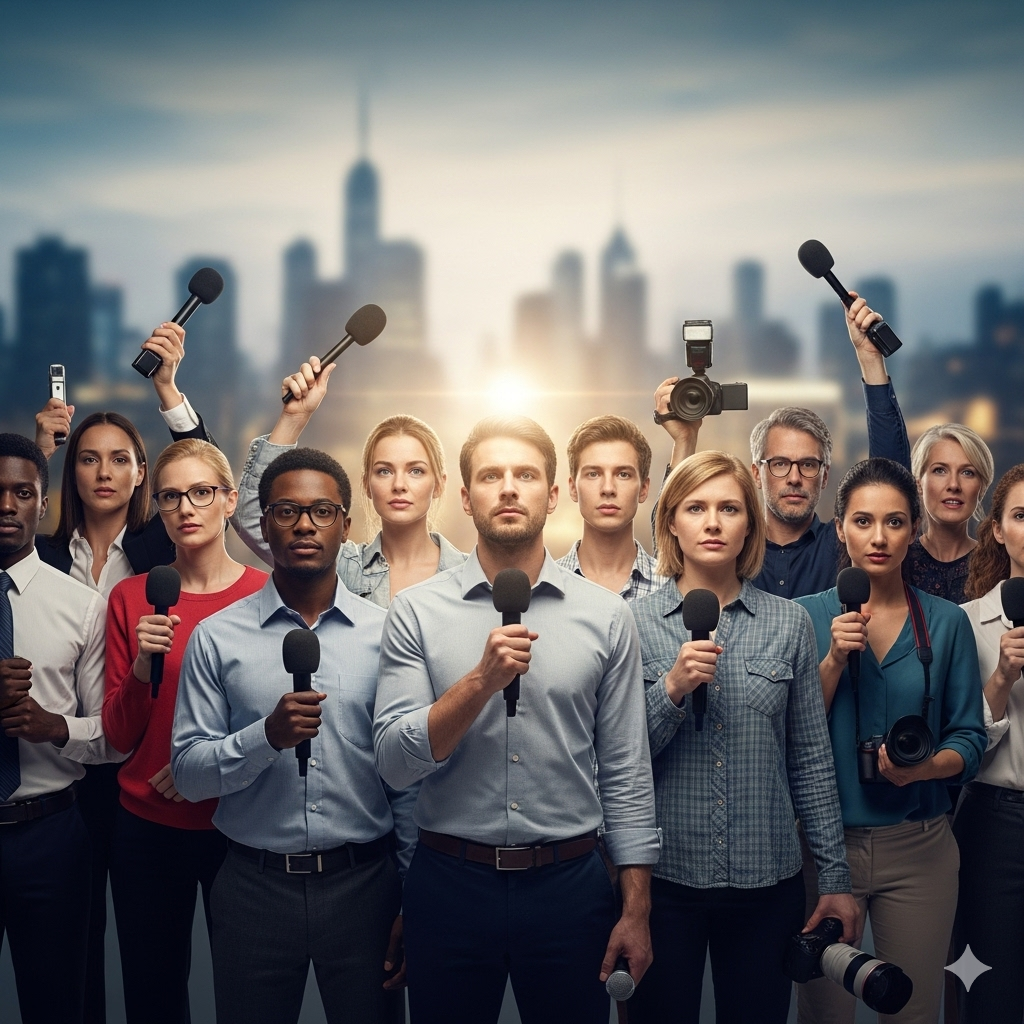 Изображение, символизирующее солидарность журналистов: группа разных людей с микрофонами и камерами на фоне городского пейзажа, geekhostel news