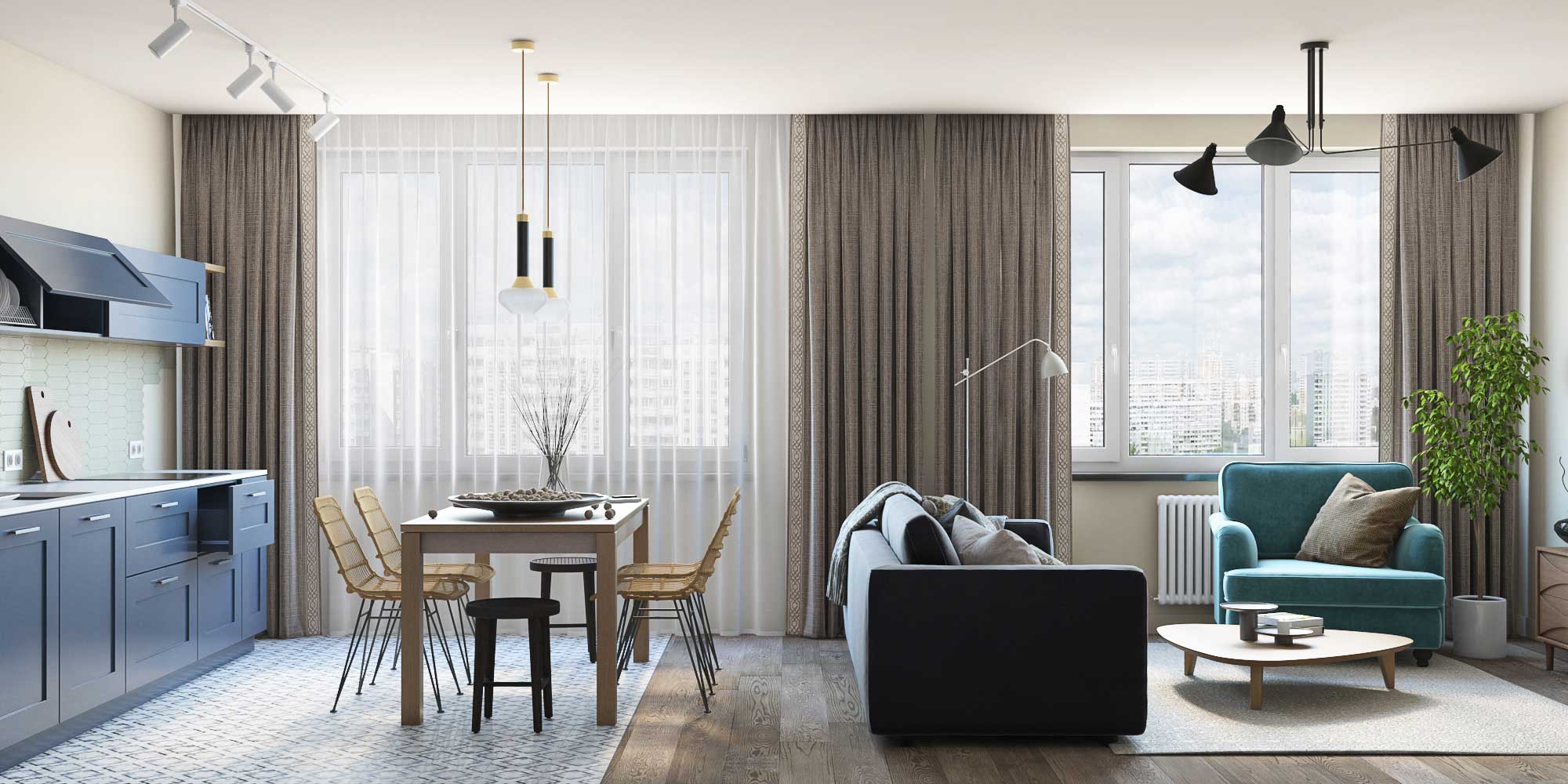 Кухня, столовая, гостиная. Светильники трековые на кухне, светильники над обеденным столом. Шторы в кухне-гостиной. Ковер в гостевой части. Плитка напольная на кухне с узором.