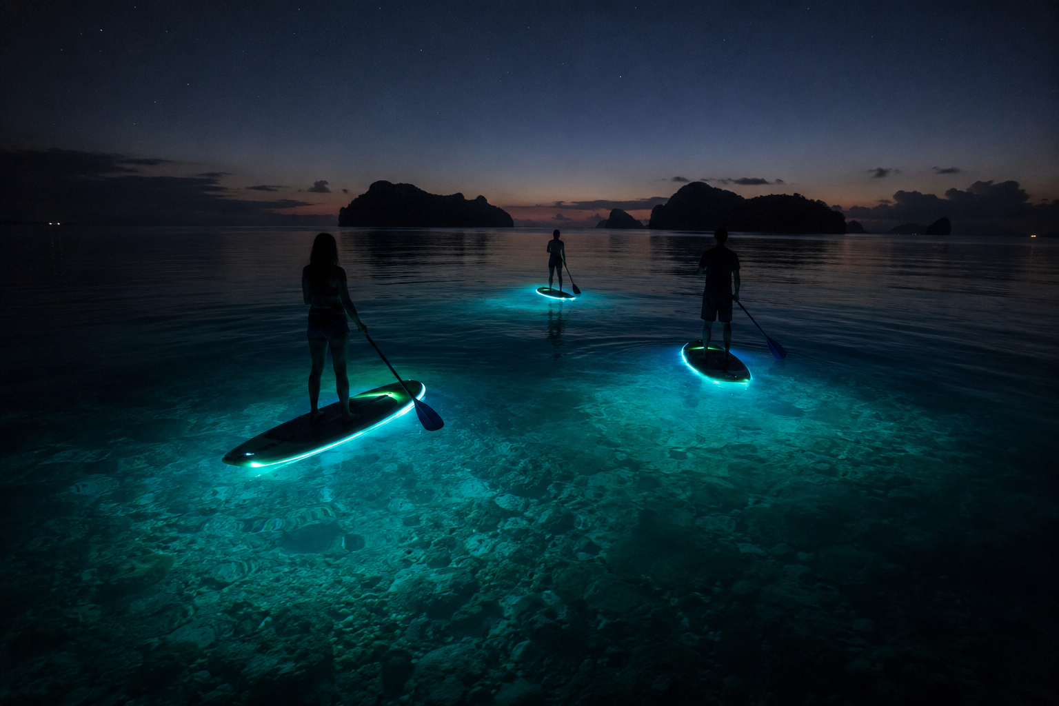 Ночная прогулка на светящихся сапбордах с LED-подсветкой на воде