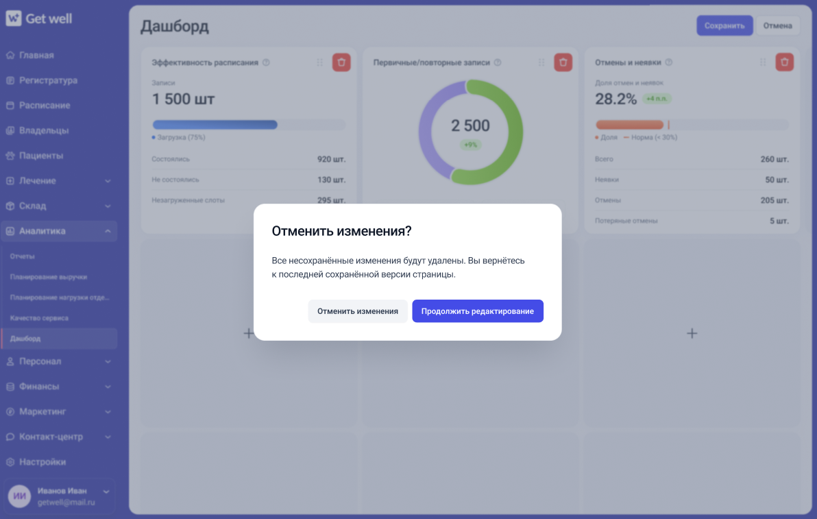 Подтверждение отмены изменений дашборда в Get Well