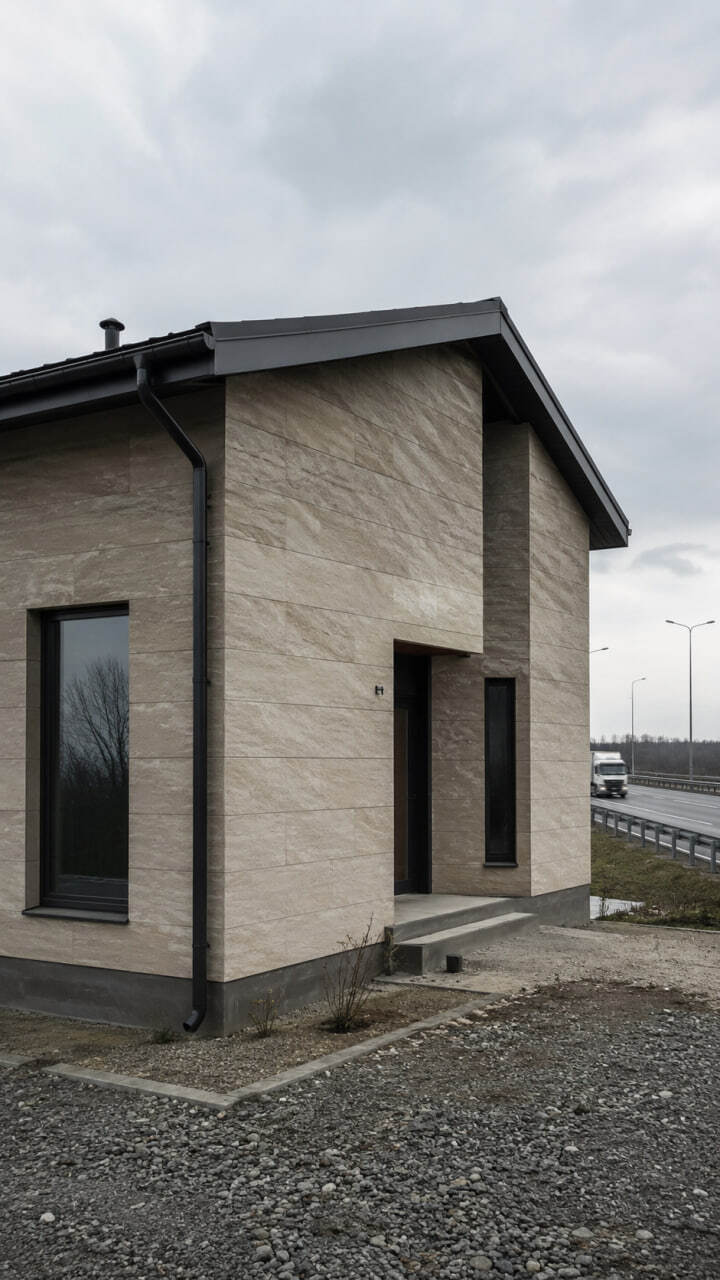 House with KORDEKO flexible tile Near a Road