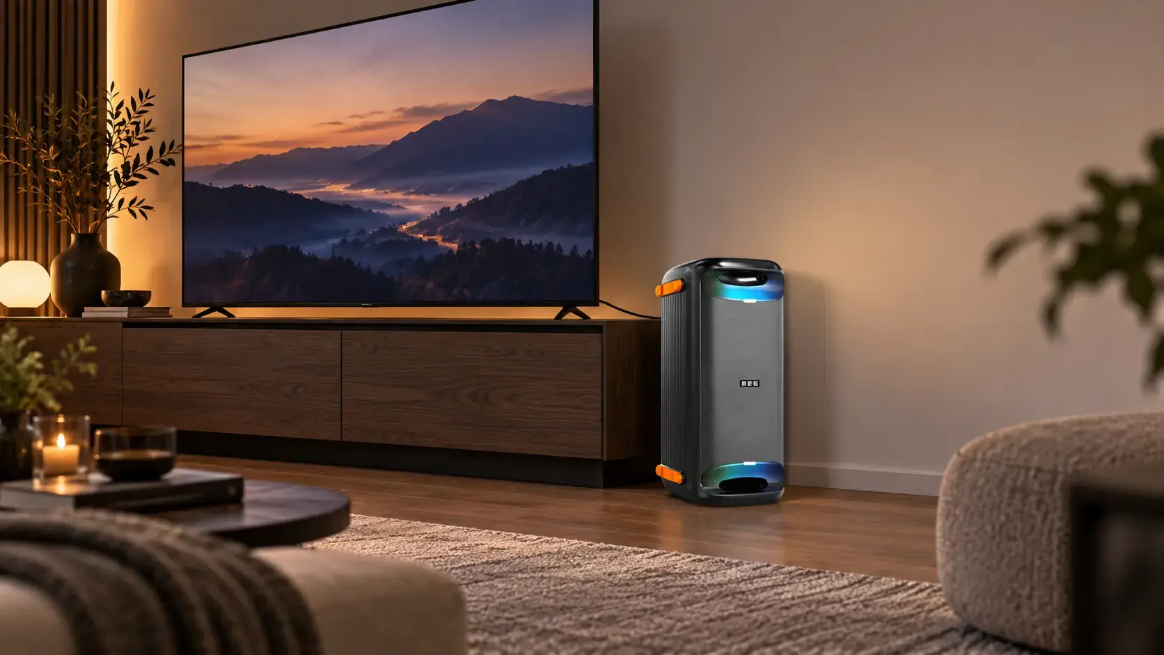 MEG SPA101BL рядом с телевизором в режиме саундбара