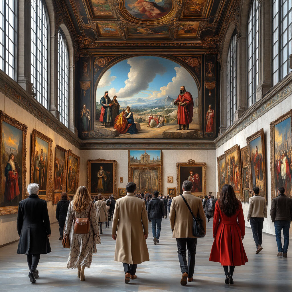 Группа людей осматривает выставленные картины в галерее