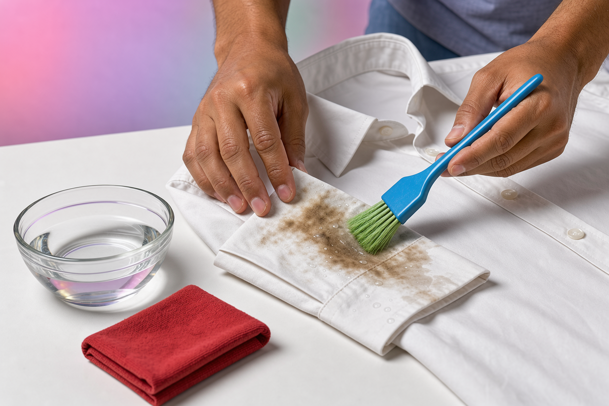 Close-up of hands pre-treating a collar and cuff stain on a shirt with a soft brush and water (no branded products visible), neutral background