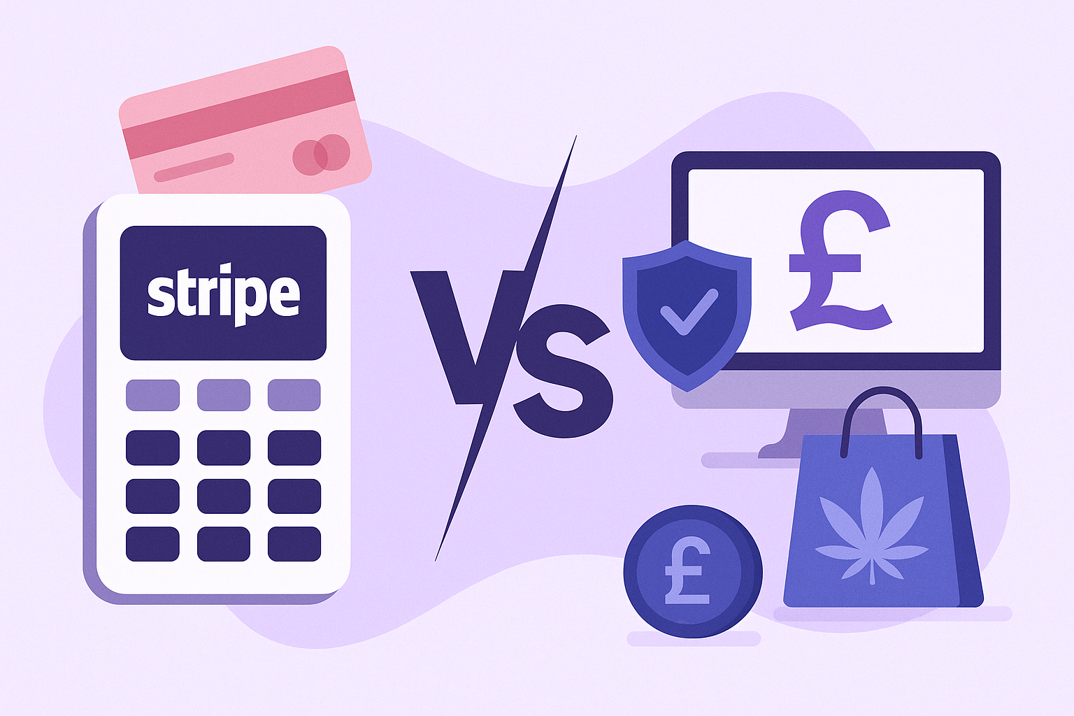 Illustration comparing Stripe vs Pay-by-Bank for high-risk Shopify UK sellers, with Stripe represented by a card terminal and credit card, and Pay-by-Bank shown as a secure digital checkout with UK pound symbols and a shopping bag featuring a cannabis lea