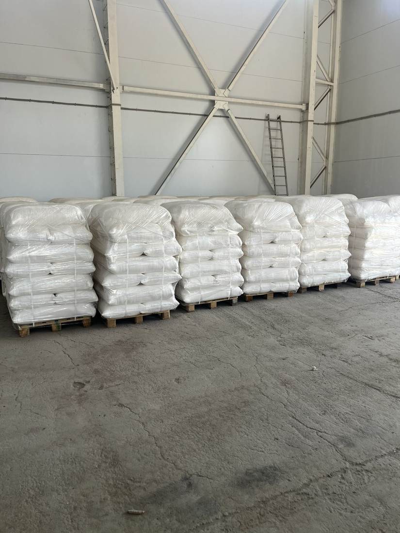 Packaged wheat flour bags on pallets ready for export from Krasnodar