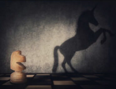 Image: A knight chess piece transforming into a magical mythical unicorn.
