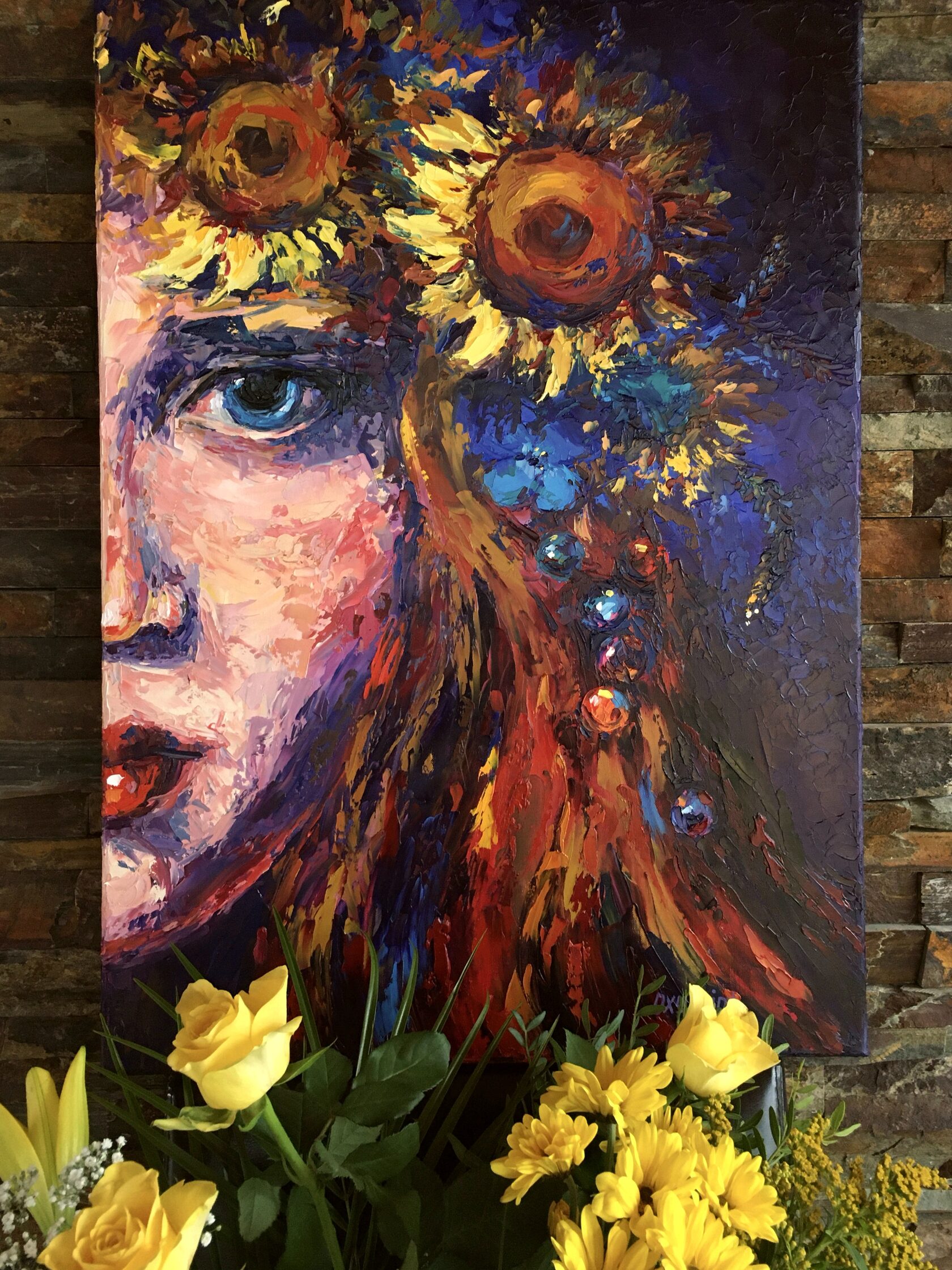 Girl with a wreath of sunflowers oil painting