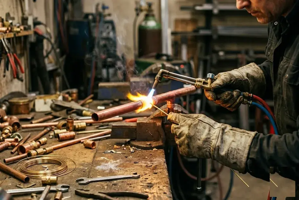 Газовая сварка медной трубки с латунным присадочным прутком, пламя горелки жёлто-синее