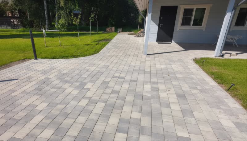 Мощёная плиткой площадка и дорожка к крыльцу светлого дома