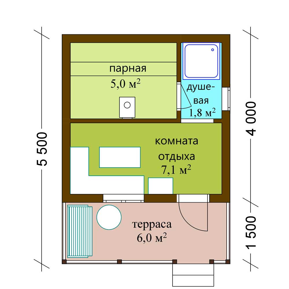 Проект бани 6х4 из блоков с комнатой отдыха