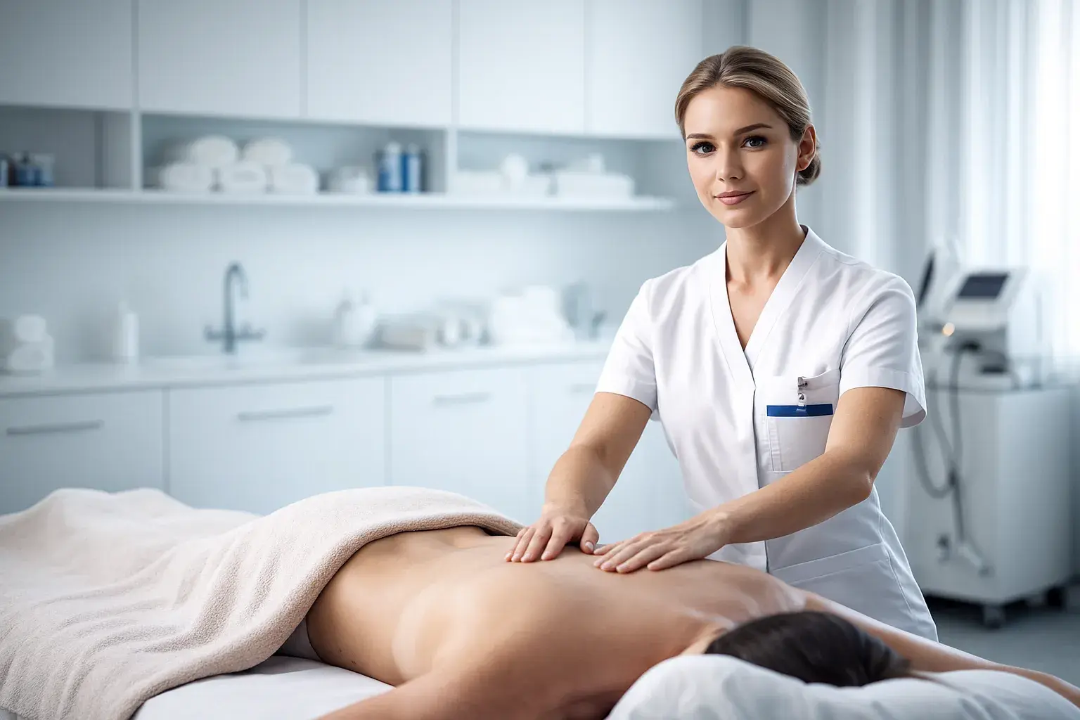 Медицинская сестра по массажу проводит процедуру пациенту