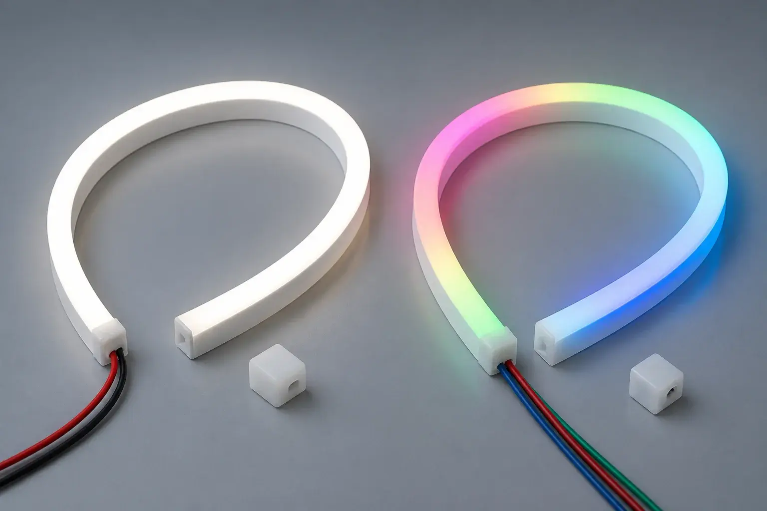 Одноцветный и RGB гибкий LED-неон с проводами и заглушками