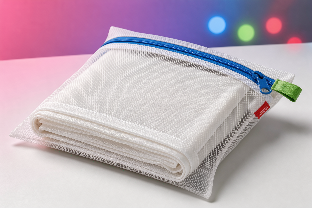 Sheer curtain folded neatly and placed inside a mesh laundry bag ready for washing, close-up on fine fabric and zipper on bag