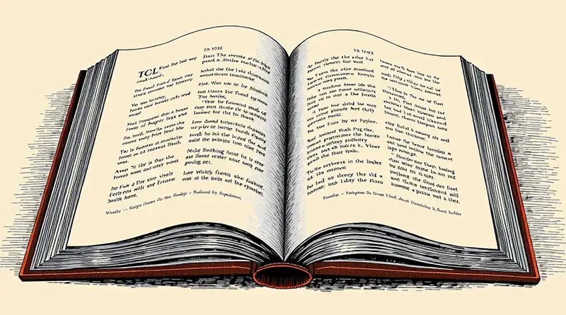 Top view of an open large book with a red cover on a beige background.