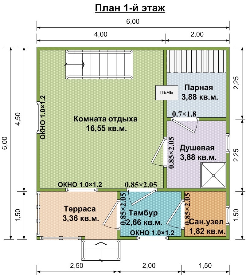 Проект бани 6х6 с комнатой отдыха и туалетом и террасой