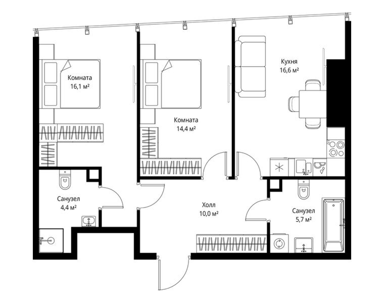 Планировка квартиры с 2 спальнями 67,2 м² в ЖК ONE: 38-й этаж