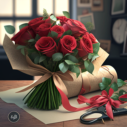 Красивый букет красных роз на флористическом столе