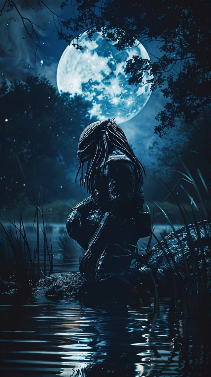 Хищник на колене у водоема на фоне полной Луны