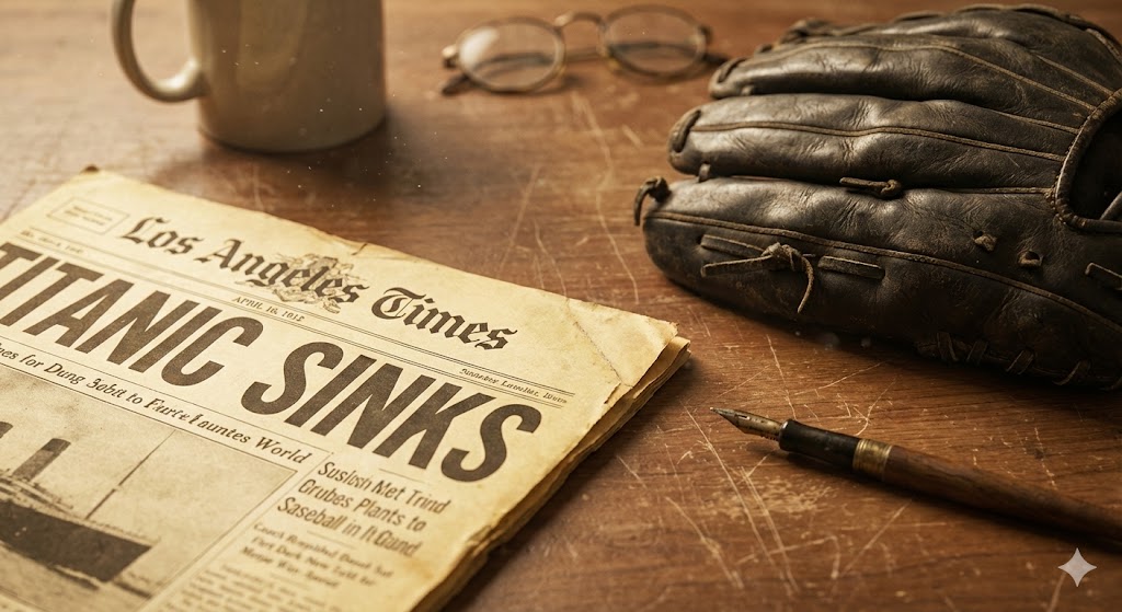 Винтажная газета Los Angeles Times 1912 года и бейсбольная перчатка, символизирующие рождение слова джаз