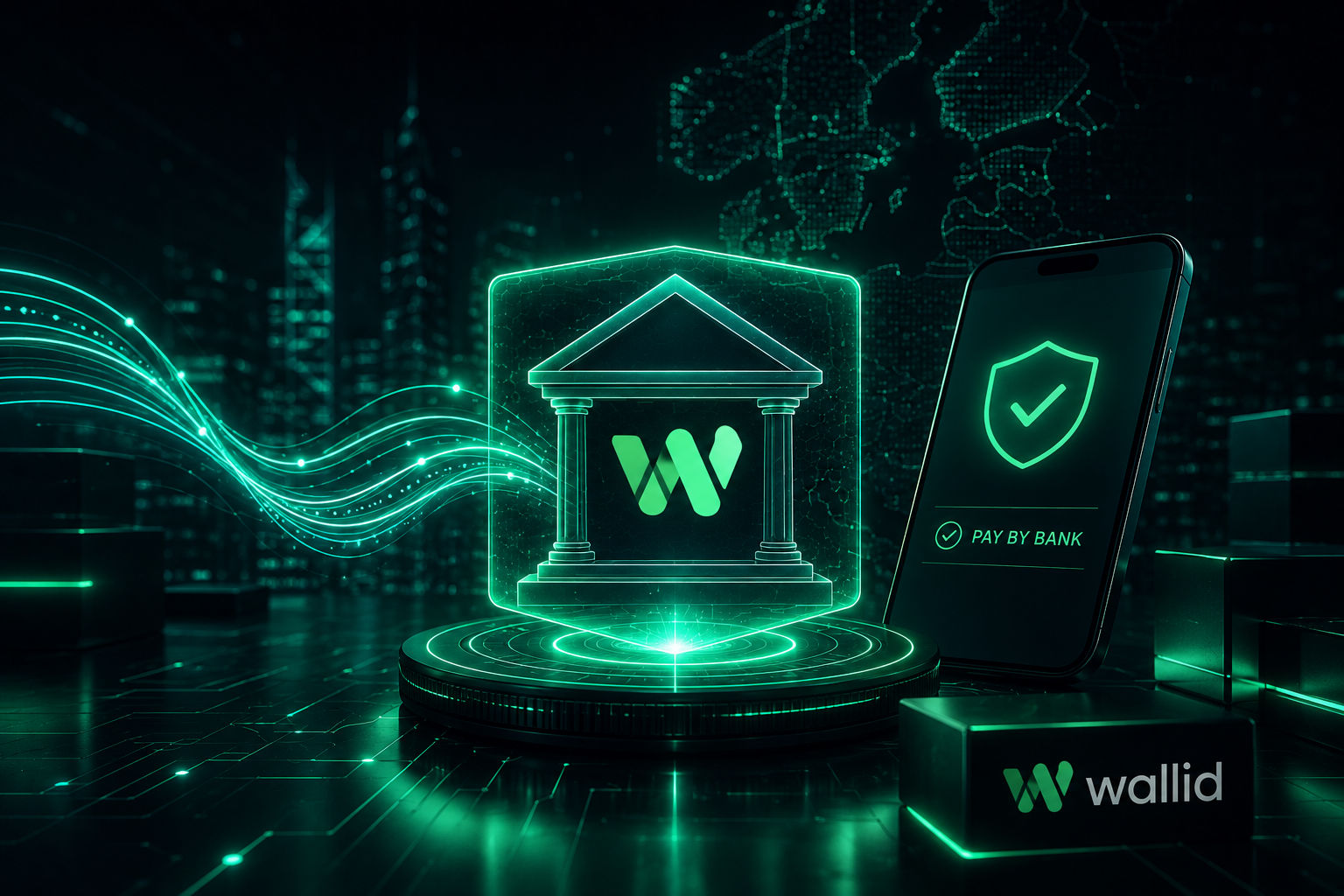 Futuristic pay by bank infrastructure concept for high-risk ecommerce businesses in Portugal, featuring digital banking technology, secure payments, and Wallid branding.