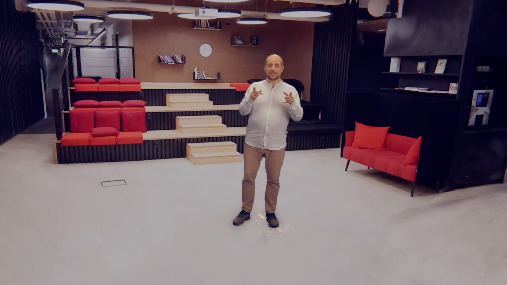 Presenter composited into a Gaussian Splatting interior