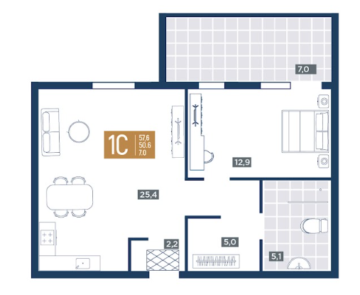 Планировка студия 57,6 м²