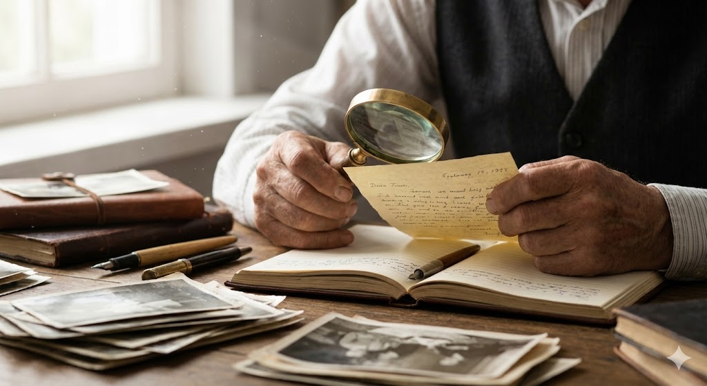 Писатель работает с архивными документами и фотографиями при создании биографии