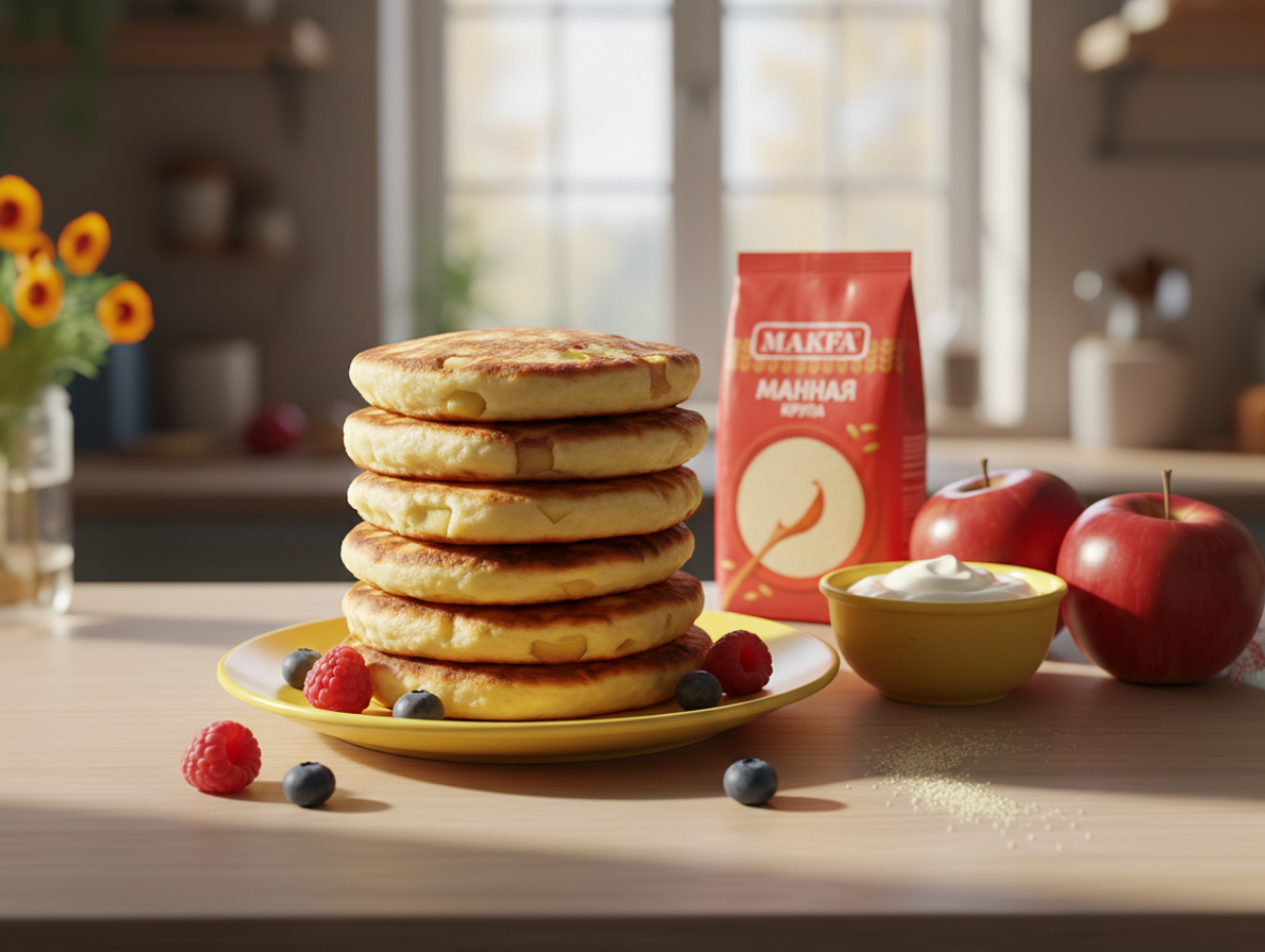 Тарелка с золотистыми манными блинами табикмак с яблоком, посыпанными сахарной пудрой, подается со сметаной.