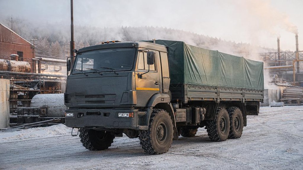 Грузовой КАМАЗ с тентом в зимних условиях Дальнего Востока