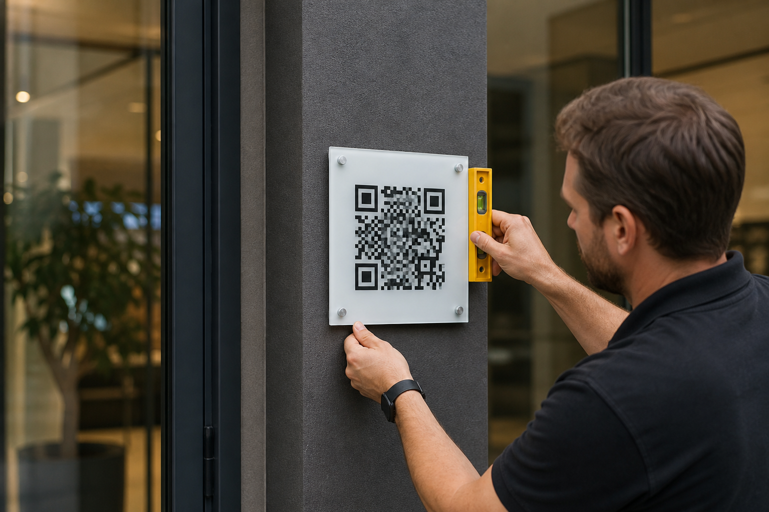 Монтаж настенной таблички с QR-кодом у входа