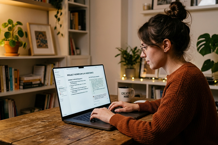 A person at a laptop delegating tasks to AI: the screen shows text, a task list, and a chat with a neural network to speed up work.
