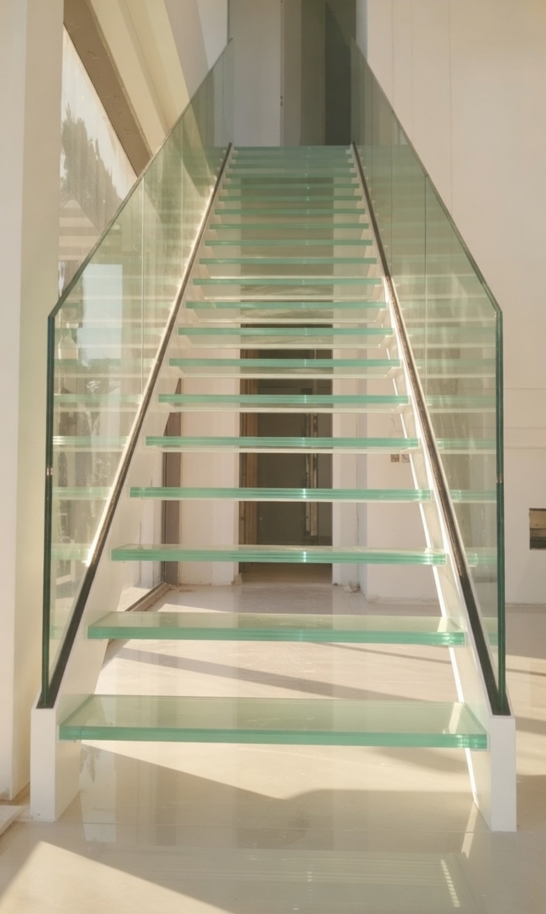 Лестница с стеклянными ступенями и ограждением.