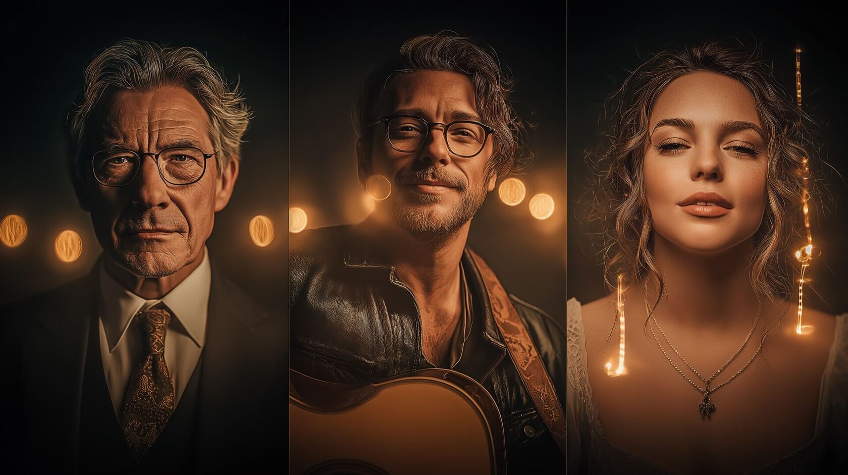 Коллаж из трёх фото: строгий начальник, весёлый рокер и романтичная женщина, иллюстрирующий разные идеи для песни на юбилей.