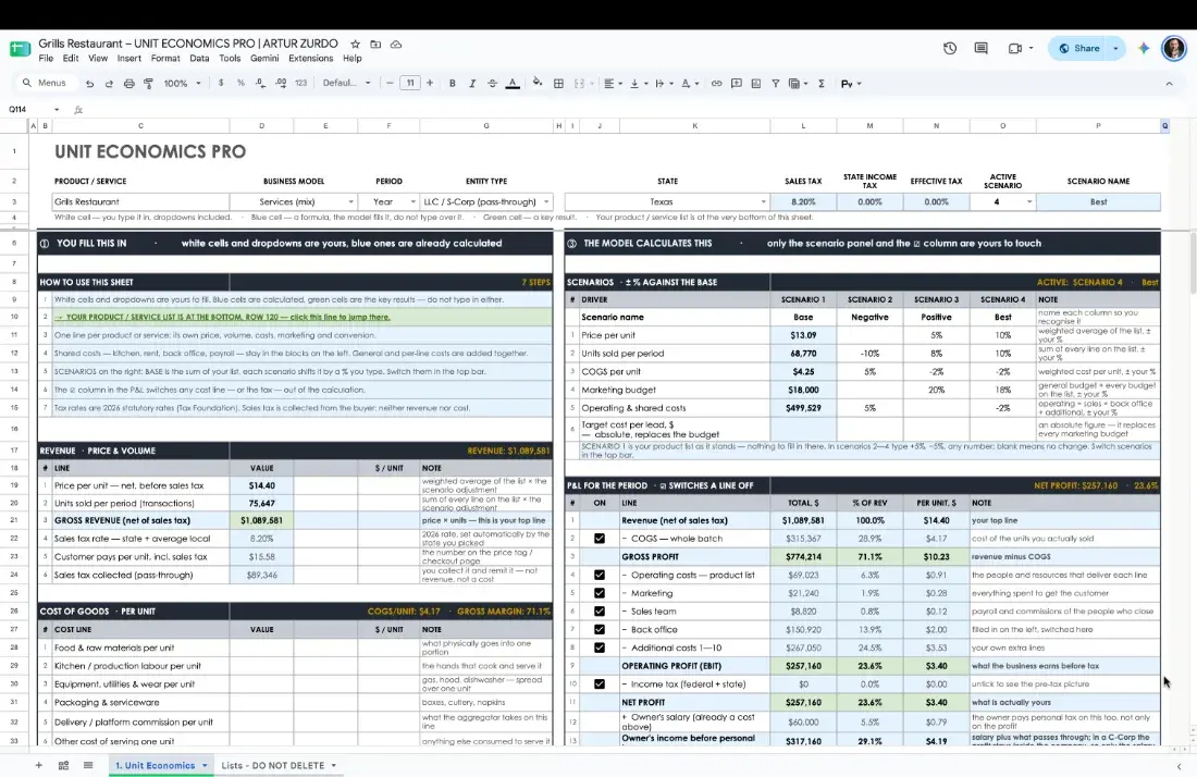Unit economics model in Google Sheets