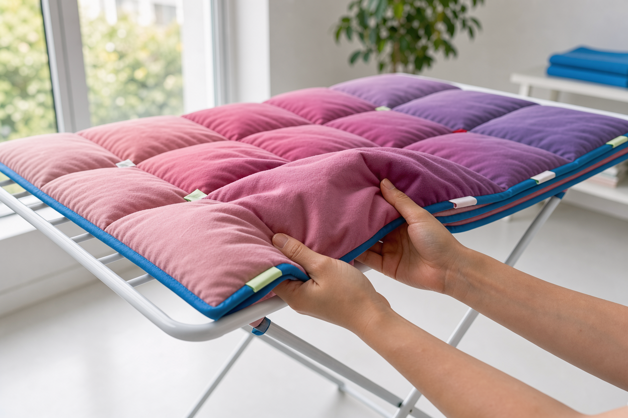 blanket laid flat on a drying rack indoors with soft daylight coming through a window, hands fluffing the filling gently