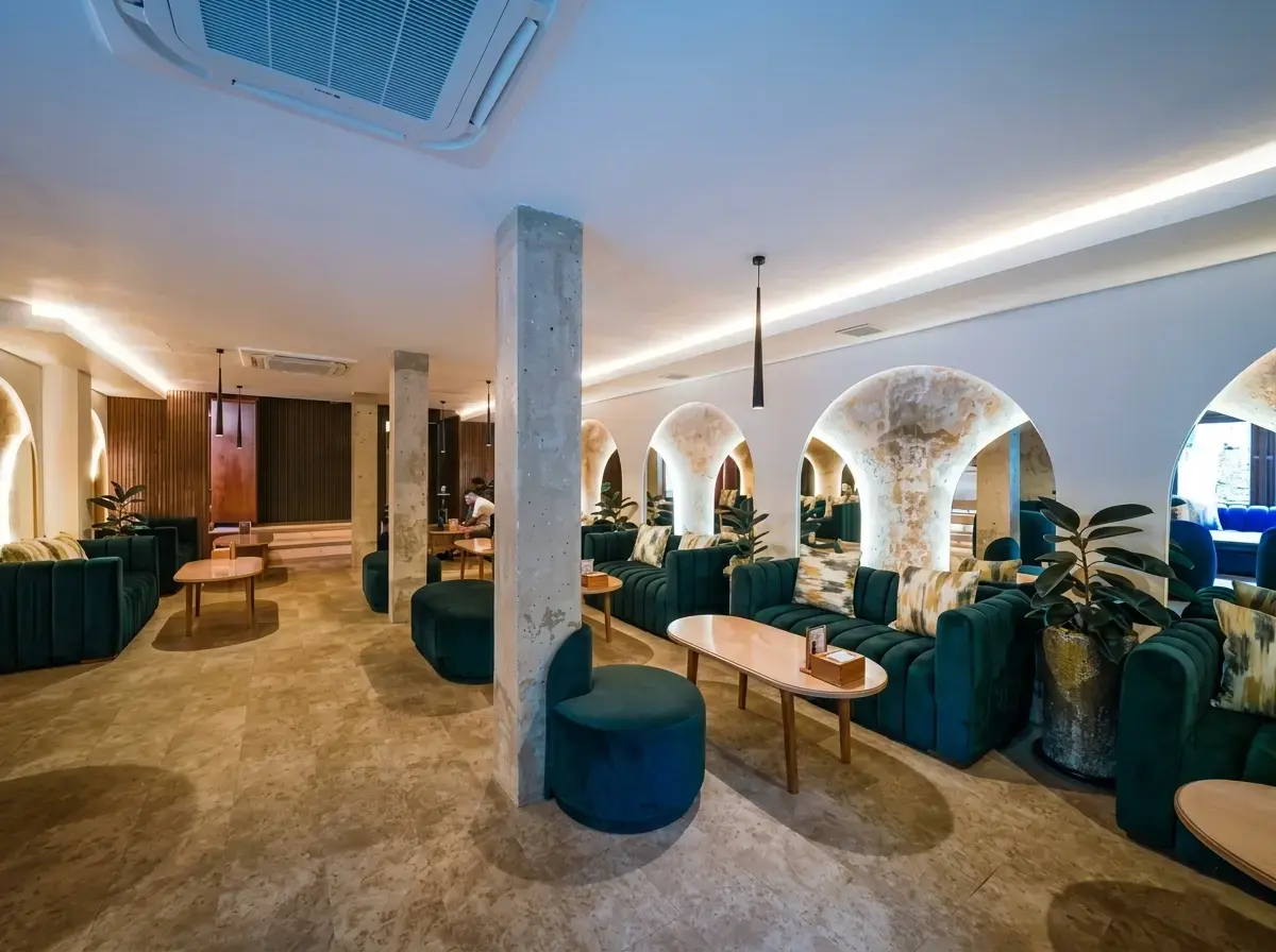 The intimate interior lounge of the Eden Ubud venue, a beautiful space to pair your evening with wine in Bali.