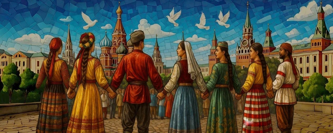 Эскиз мозаичного панно Дружба народов для РУДН: фигуры в национальных костюмах на фоне Кремля с белыми голубями