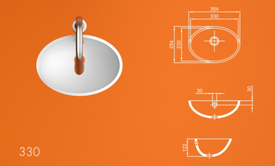 Раковина 330 из акрилового камня, размеры: ширина 330 мм, глубина 254 мм, высота борта 120 мм. Овальная форма, схема параметров и монтажа