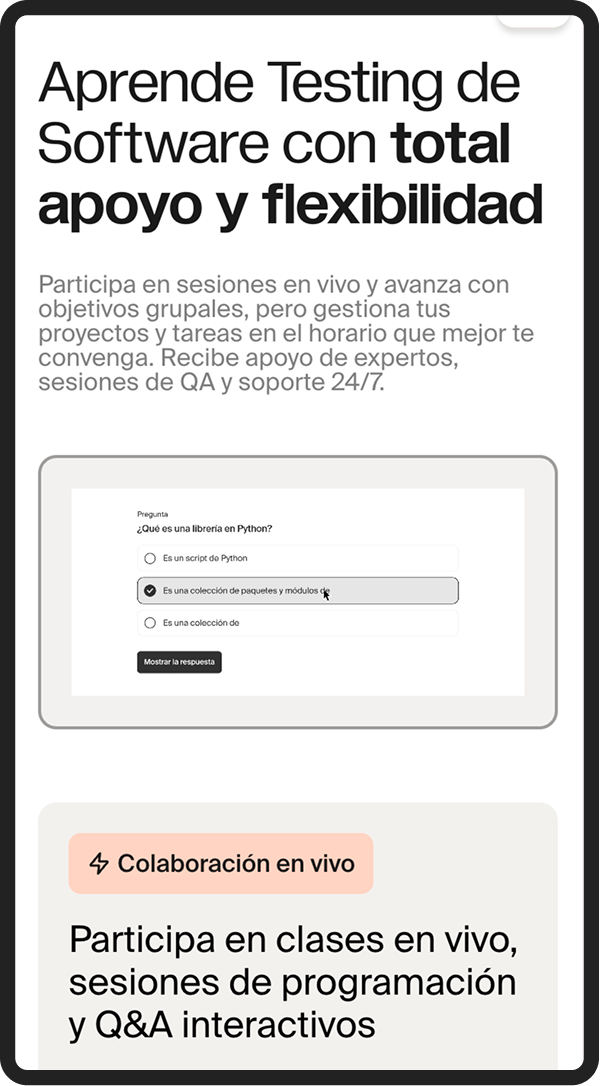 TripleTen Latin America mentoring screen, &ldquo;Recibe apoyo de nuestro equipo en cada paso&rdquo;