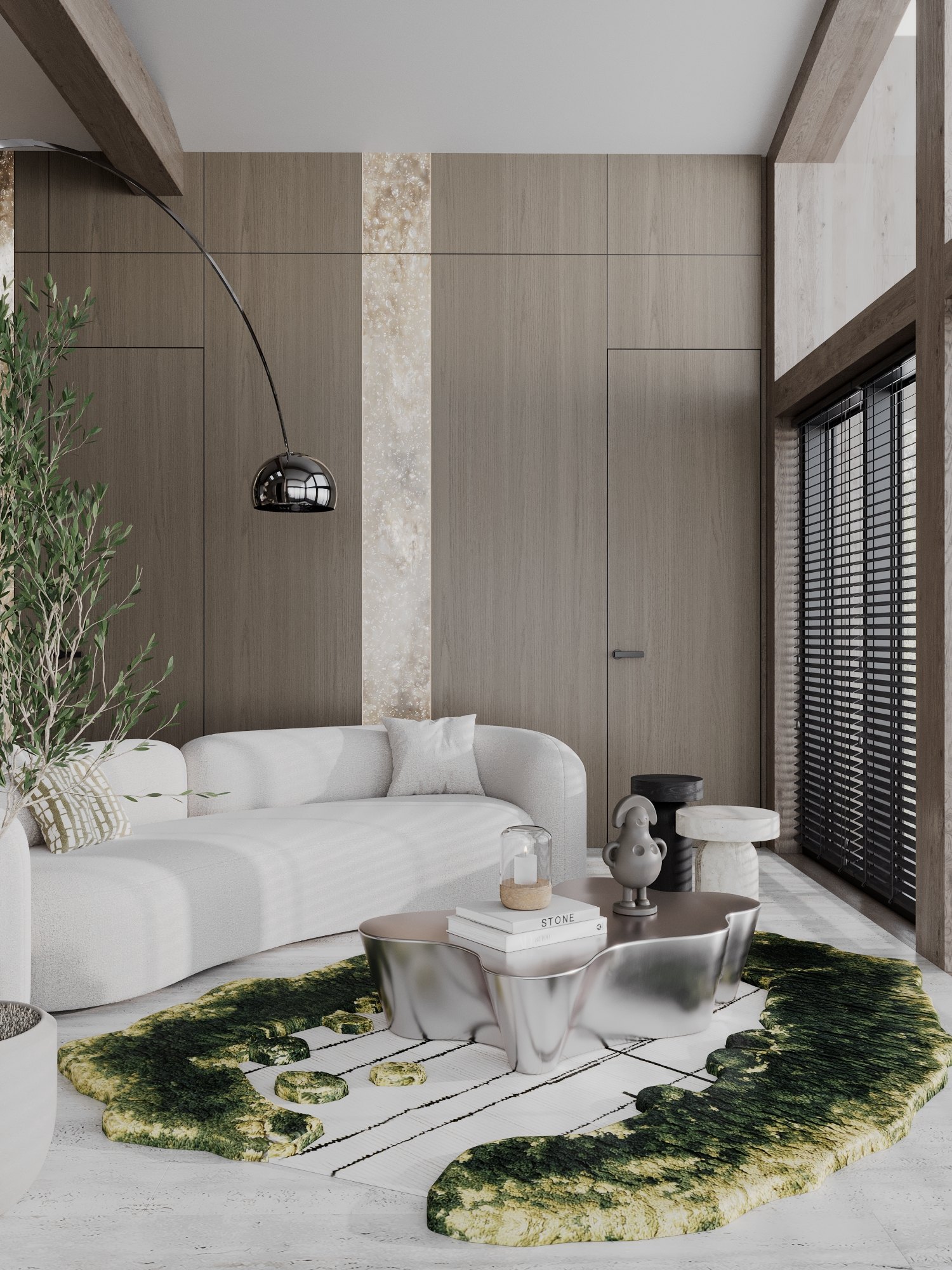 Авторский интерьер JZdesign: обеденная зона со светящимся камнем и скульптурными светильниками