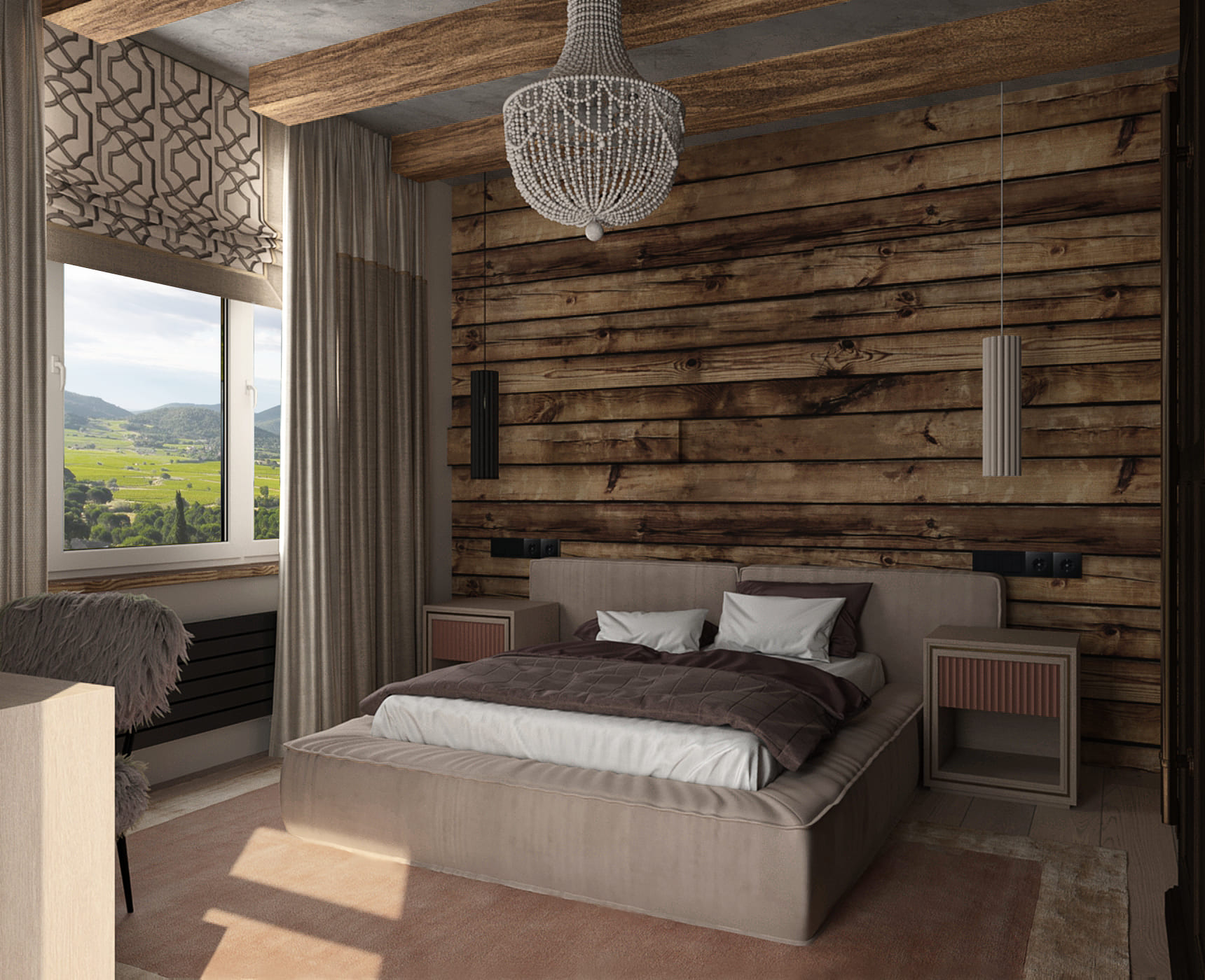 дизайн спальни лофт с деревянной стеной, балками, бетонным потолком и люстрой из каната