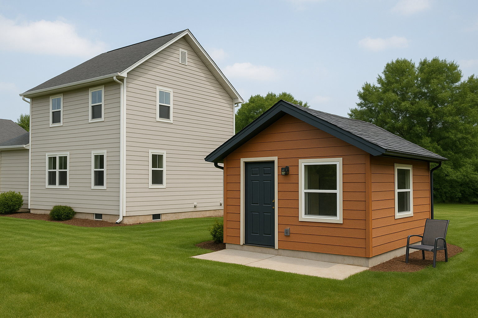 A modern minor dwelling with orange cladding and a dark blue door, situated in the backyard of a larger beige two-storey house. The small unit has a concrete path, a chair outside, and is surrounded by neatly maintained grass and trees in the background.